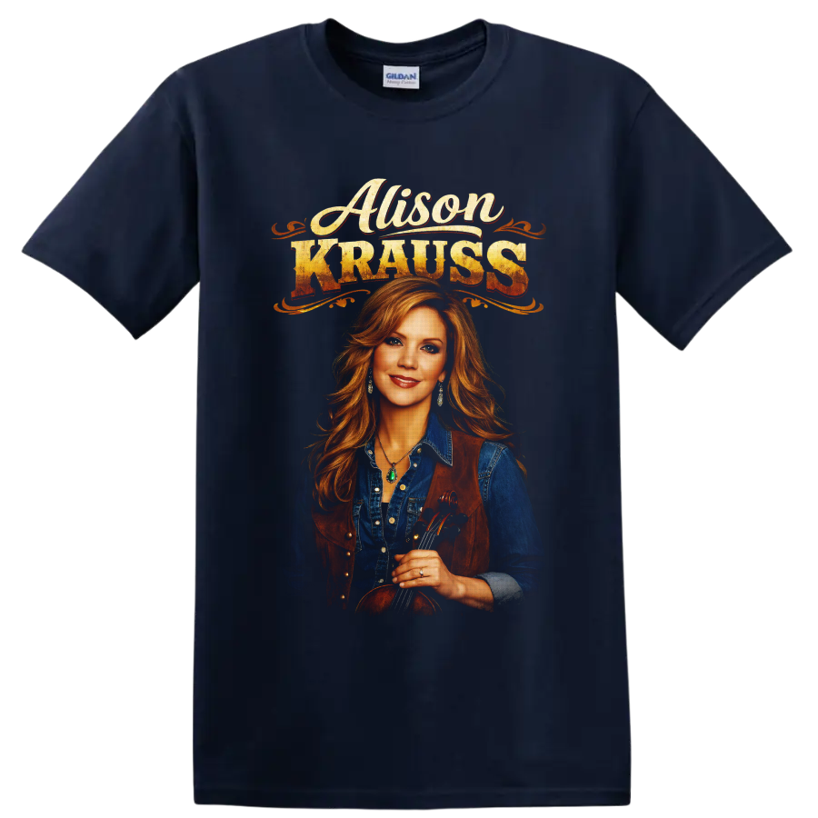 Alison Krauss fiddle portrait with distressed vintage western lettering on a Navy (Blue) T Shirt