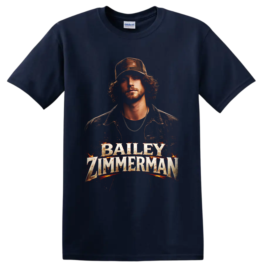 Bailey Zimmerman western portrait with fiery distressed name lettering on a Navy (Blue) T Shirt