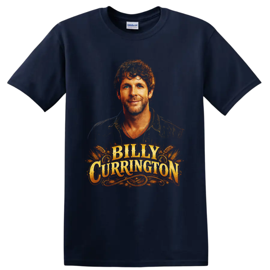 Billy Currington portrait with western gold lettering, wheat stalks, and rope flourishes on a Navy (Blue) T Shirt