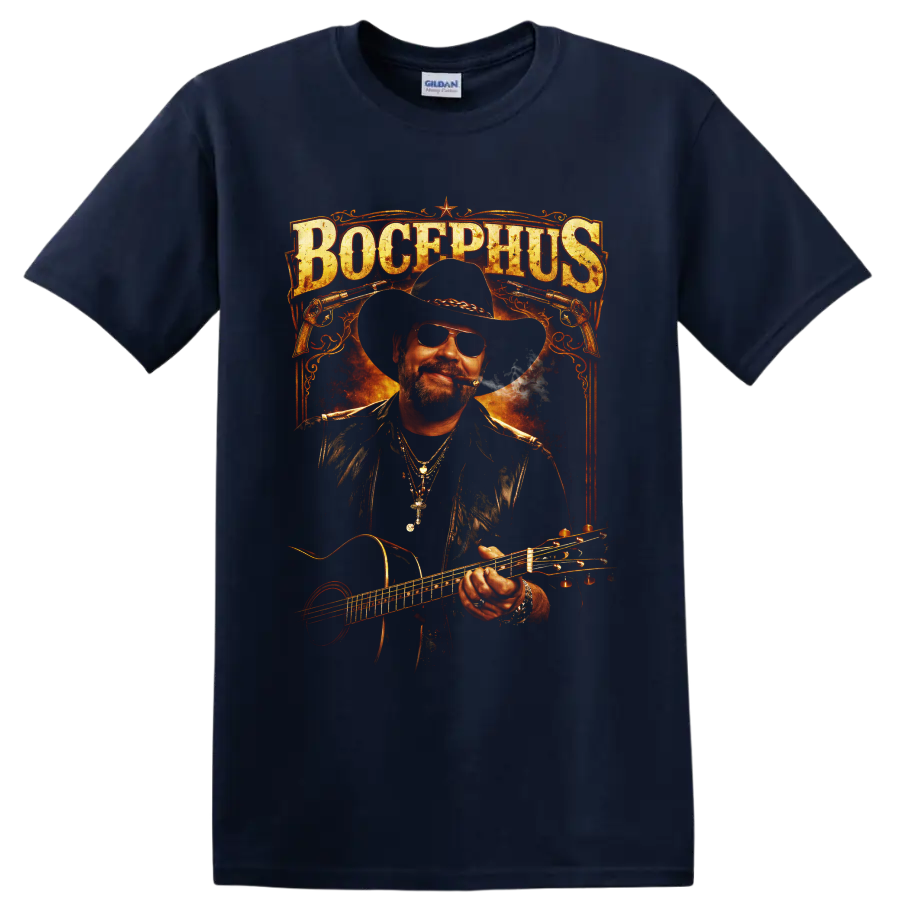 Hank Williams Jr. Bocephus cowboy guitar portrait with Western revolvers and fiery on a Navy (Blue) T Shirt
