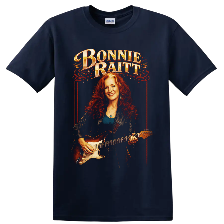 Bonnie Raitt guitarist portrait with ornate red vintage concert poster lettering on a Navy (Blue) T Shirt