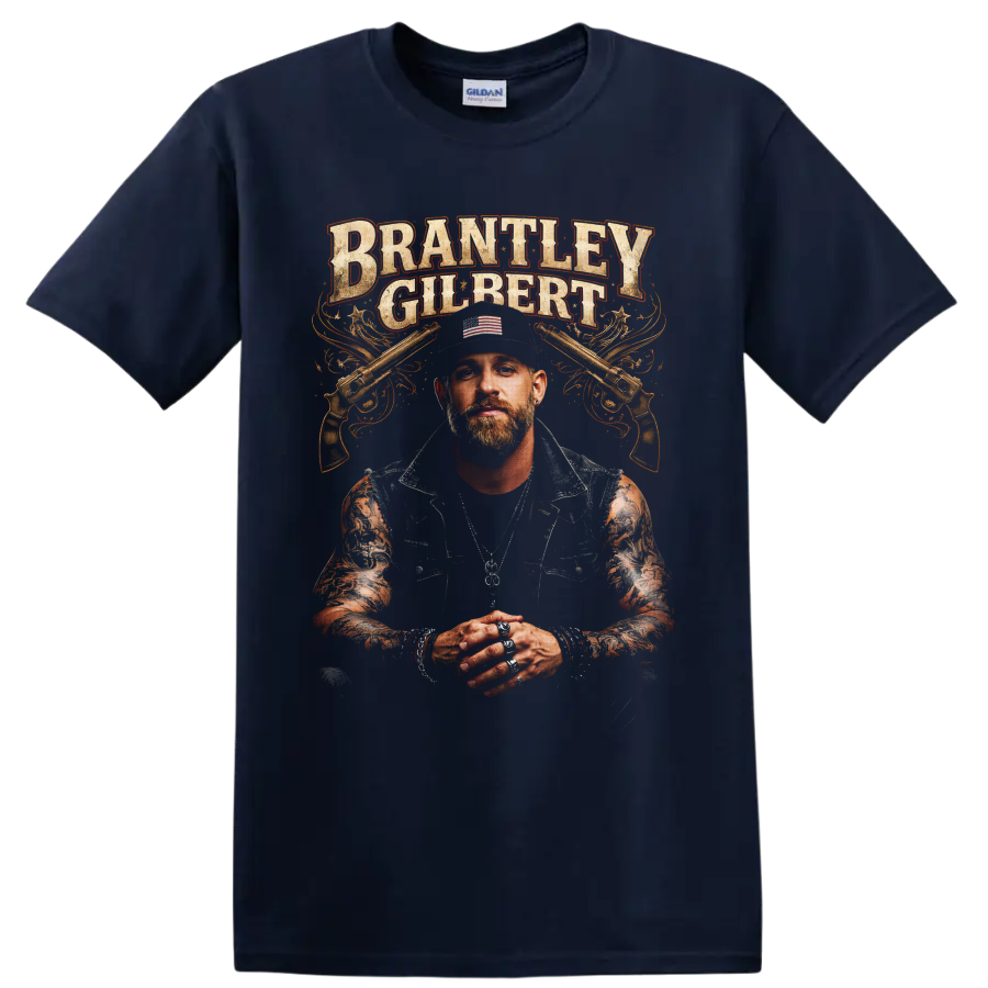 Brantley Gilbert portrait with crossed pistols and distressed western lettering on a Navy (Blue) T Shirt
