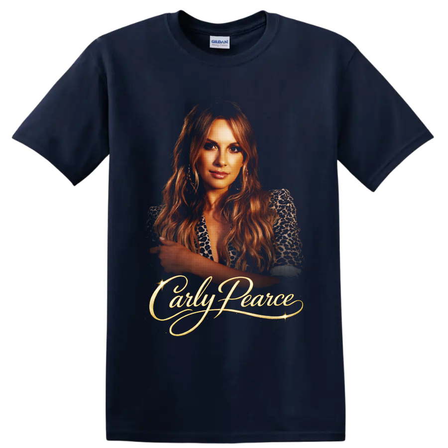 Carly Pearce country singer portrait with glowing gold script and sparkling accents on a Navy (Blue) T Shirt