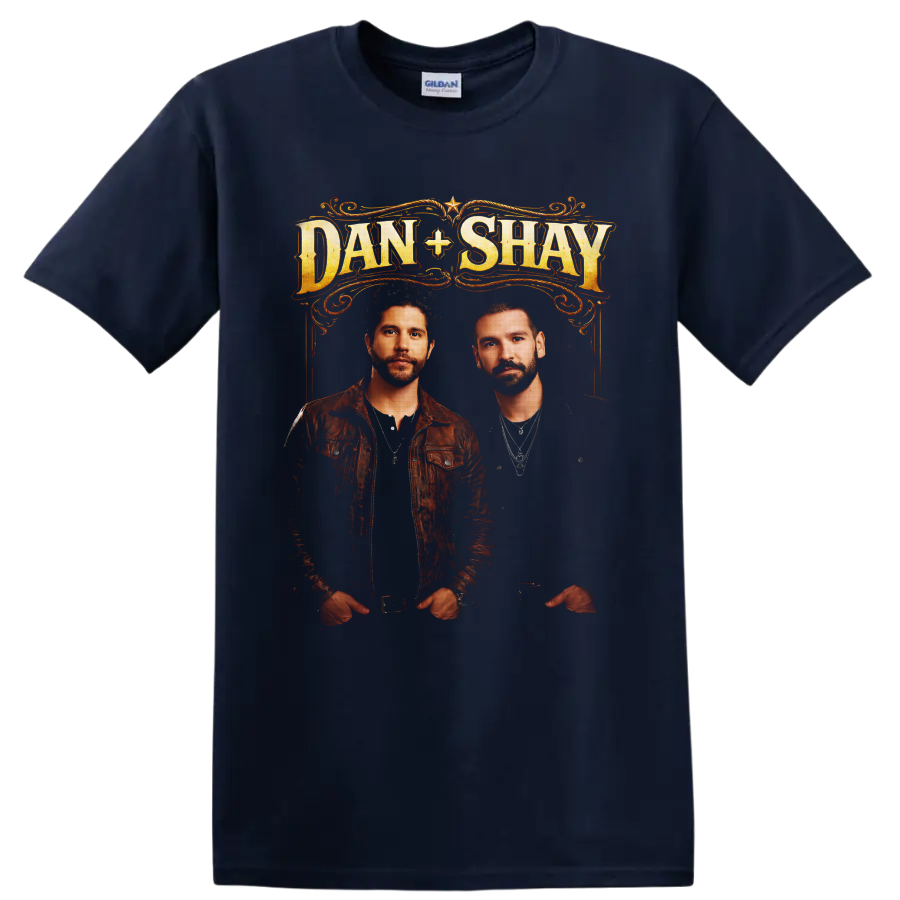 Dan + Shay portraits beneath ornate western gold lettering and scrollwork on a Navy (Blue) T Shirt