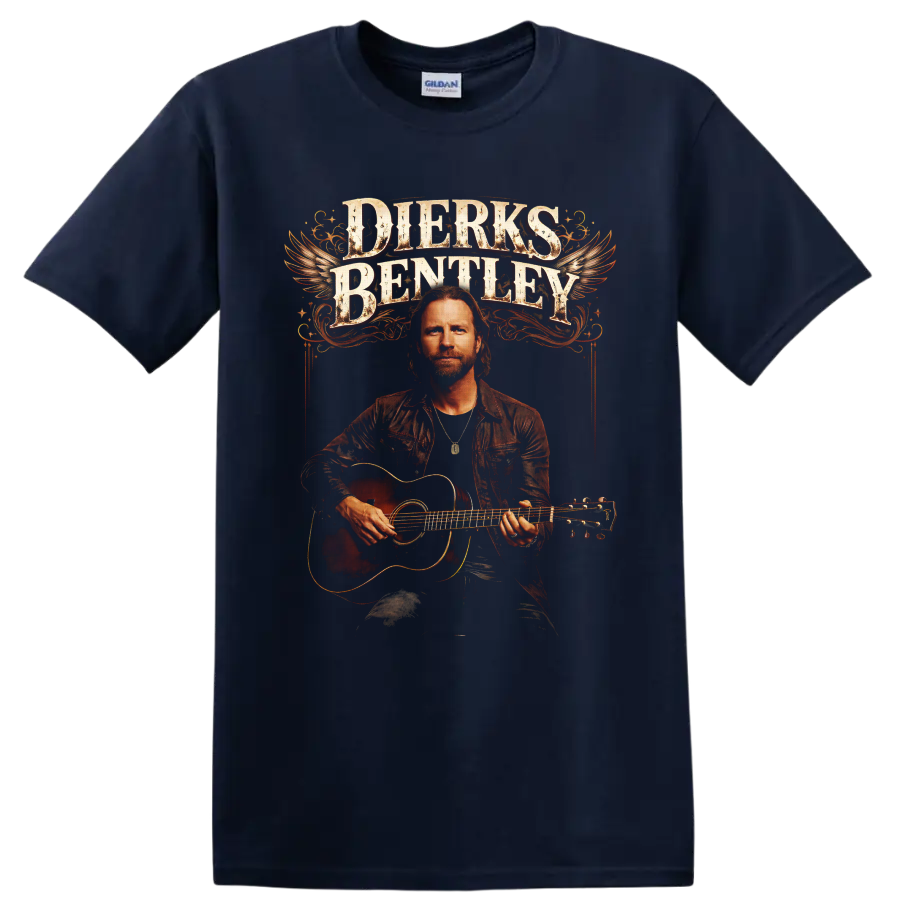 Dierks Bentley guitar portrait with winged vintage lettering and western flourishes on a Navy (Blue) T Shirt