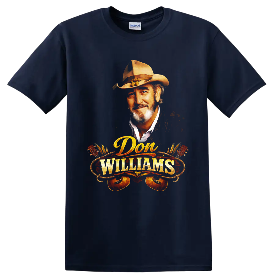 Don Williams cowboy hat portrait with guitars, rope, wheat, and western lettering on a Navy (Blue) T Shirt