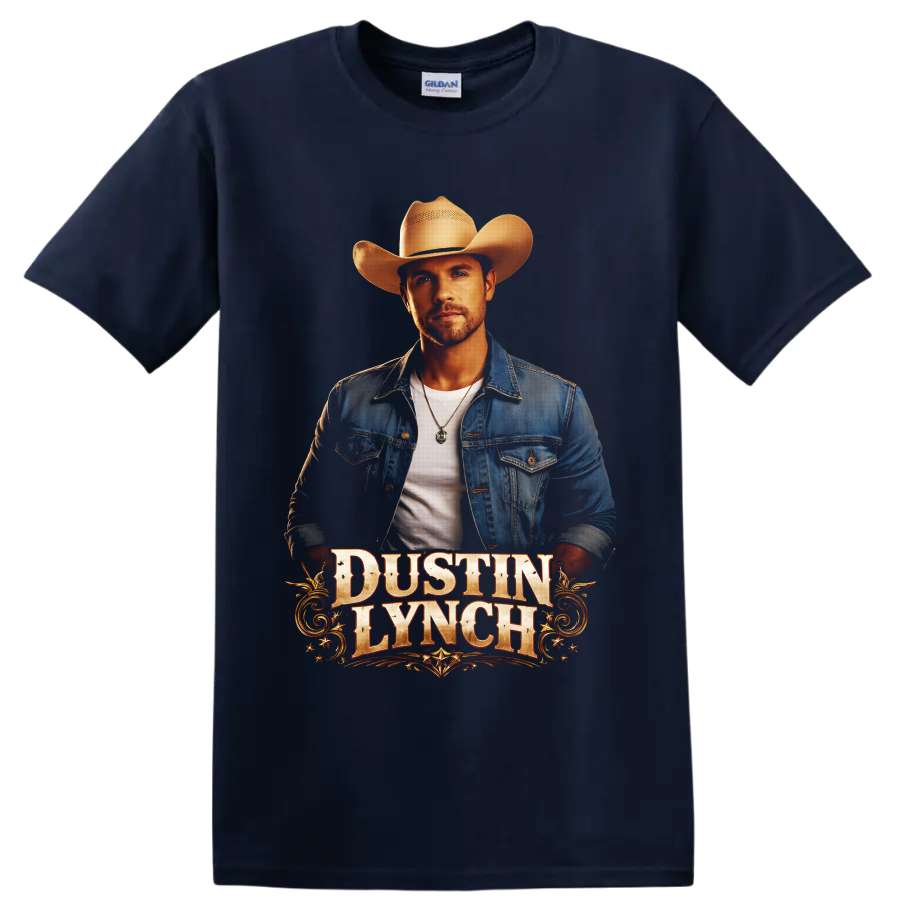 Dustin Lynch cowboy hat portrait with distressed western lettering and gold scrollwork on a Navy (Blue) T Shirt