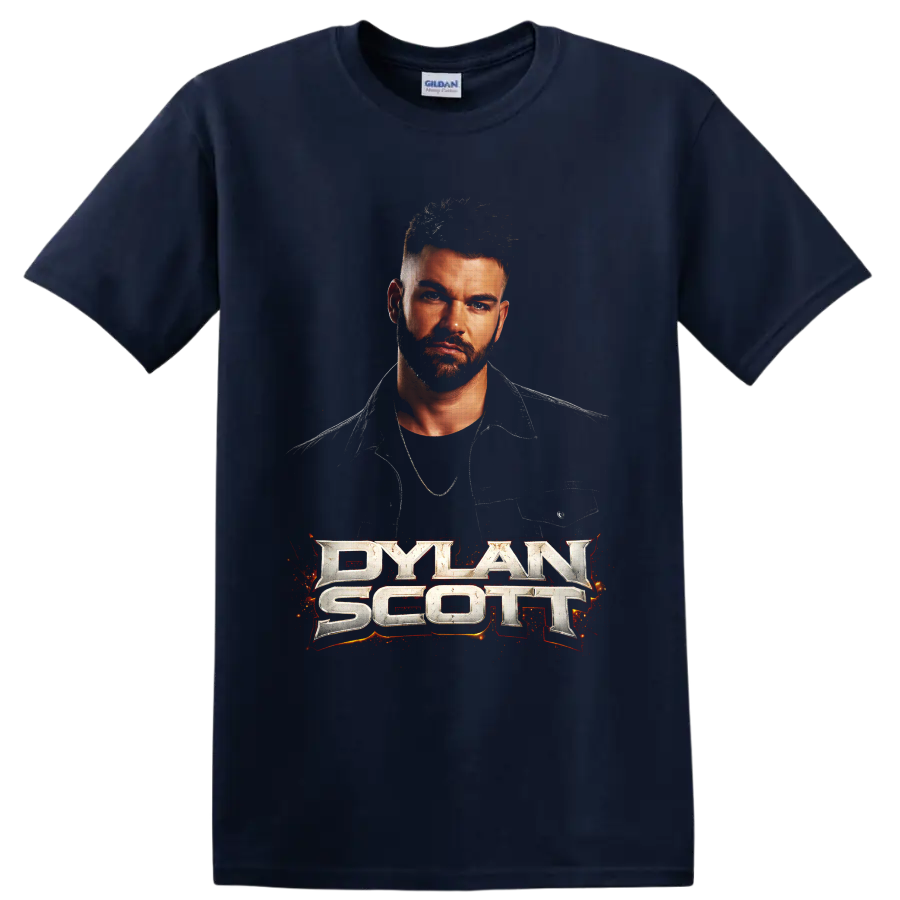Dylan Scott portrait with metallic lettering and fiery red-orange country music graphics on a Navy (Blue) T Shirt