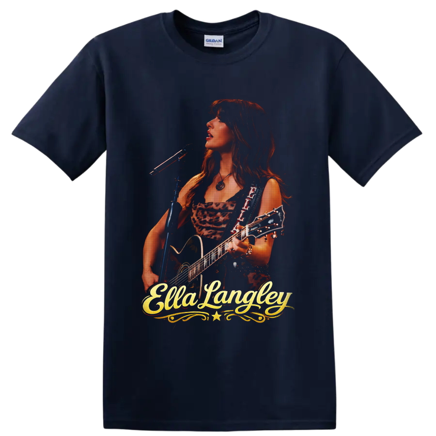 Ella Langley performing with guitar and microphone in a warm western concert portrait on a Navy (Blue) T Shirt
