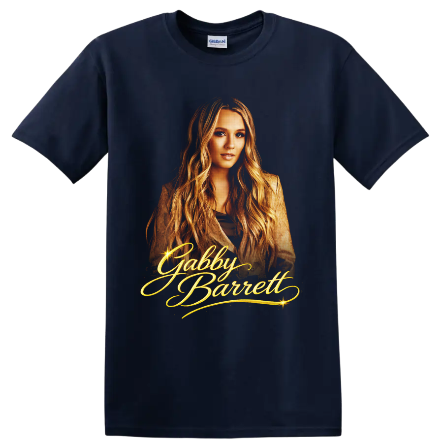 Gabby Barrett golden portrait with ornate script lettering and sparkling starbursts on a Navy (Blue) T Shirt