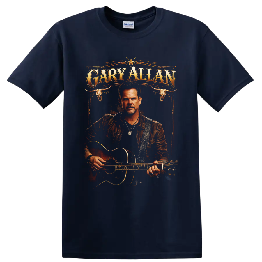 Gary Allan guitar portrait with western lettering, longhorn skulls, and ornate flourishes on a Navy (Blue) T Shirt