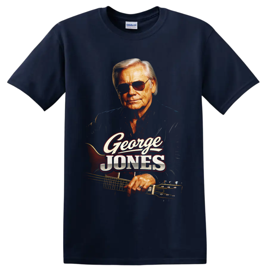 George Jones portrait with sunglasses, guitar, and vintage George Jones lettering on a Navy (Blue) T Shirt