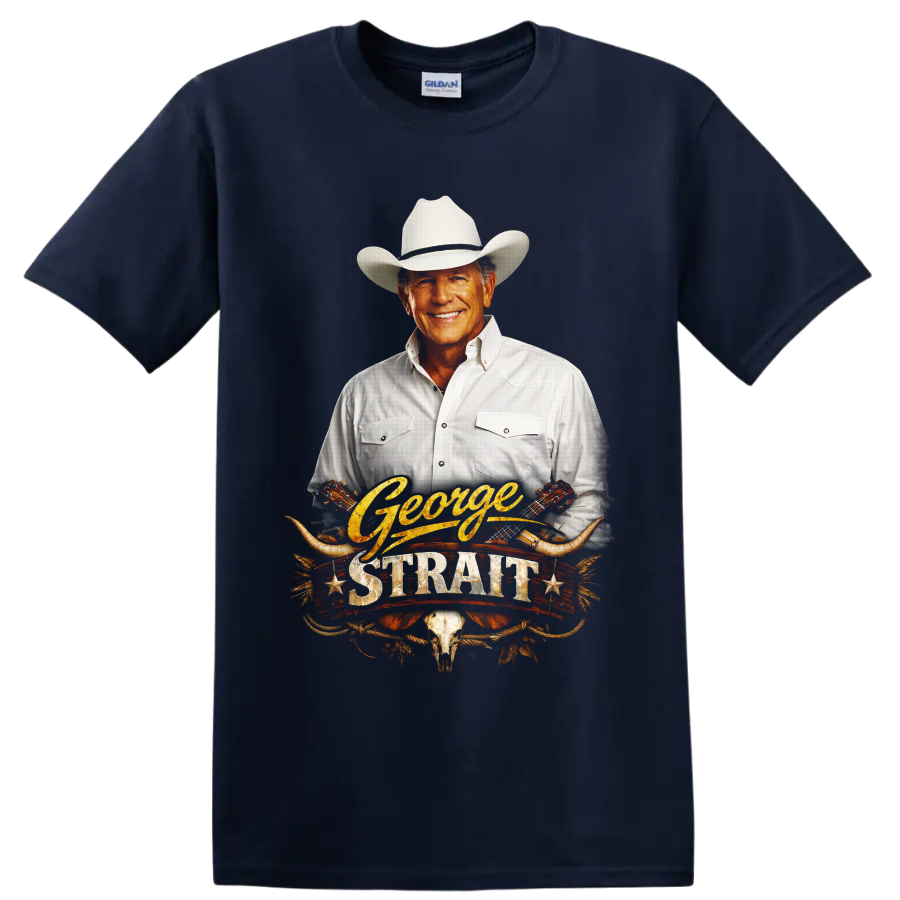 George Strait portrait with cowboy hat, guitars, longhorns, and western rope artwork on a Navy (Blue) T Shirt