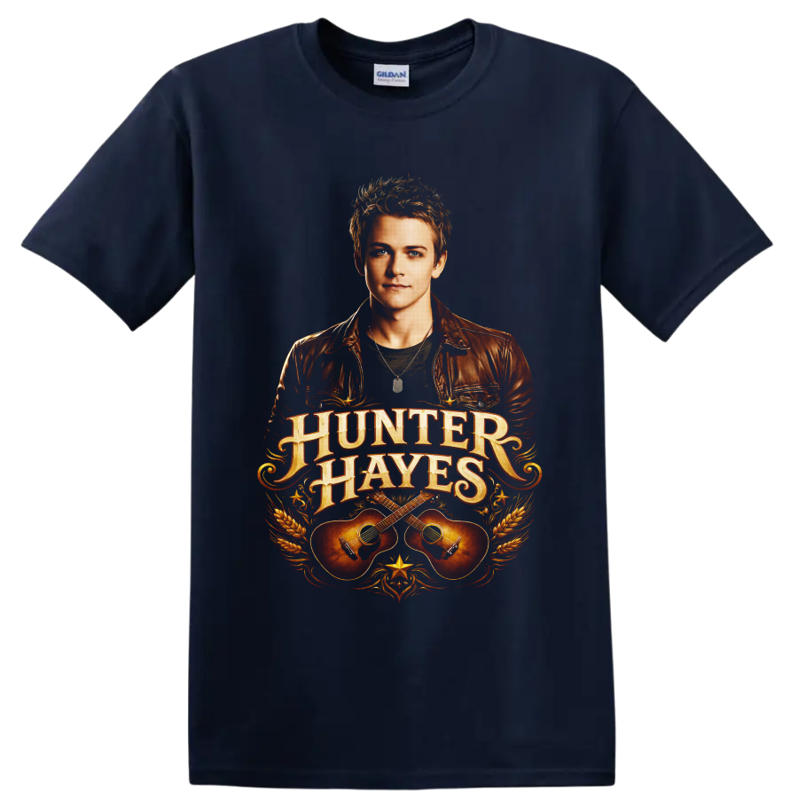 Hunter Hayes portrait with ornate lettering, crossed acoustic guitars, wheat, and western on a Navy (Blue) T Shirt