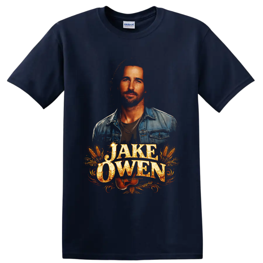 Jake Owen portrait with guitar, wheat, western flourishes, and distressed lettering on a Navy (Blue) T Shirt