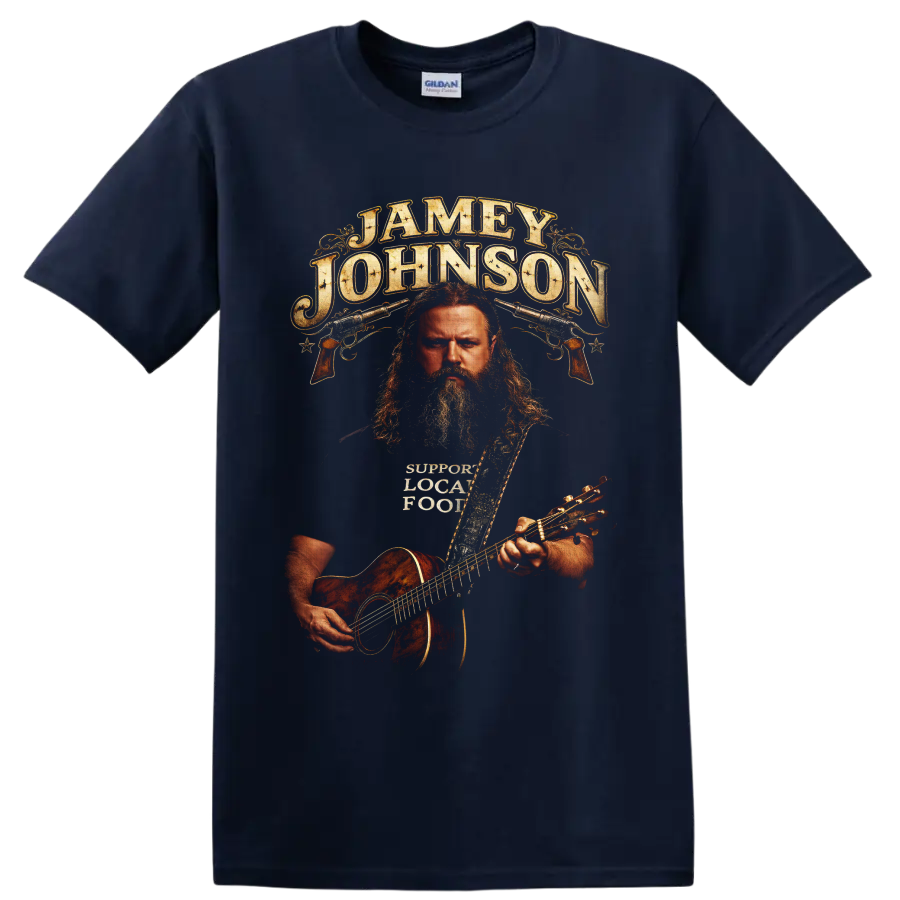 Jamey Johnson western portrait with acoustic guitar, pistols, and distressed lettering on a Navy (Blue) T Shirt