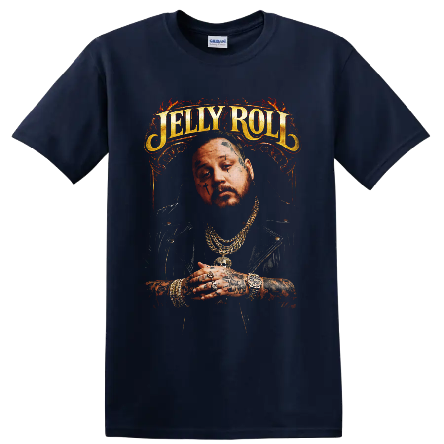 Jelly Roll tattooed portrait with ornate gold lettering and fiery red flourishes on a Navy (Blue) T Shirt
