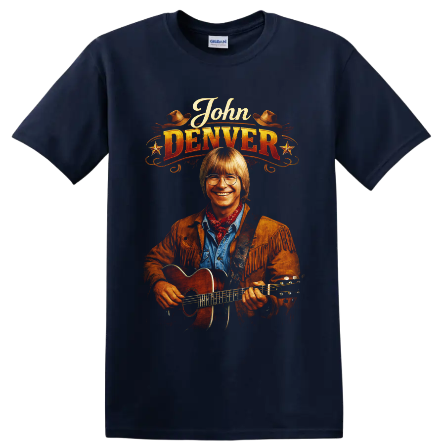 John Denver western portrait with acoustic guitar, cowboy hats, stars, and vintage on a Navy (Blue) T Shirt