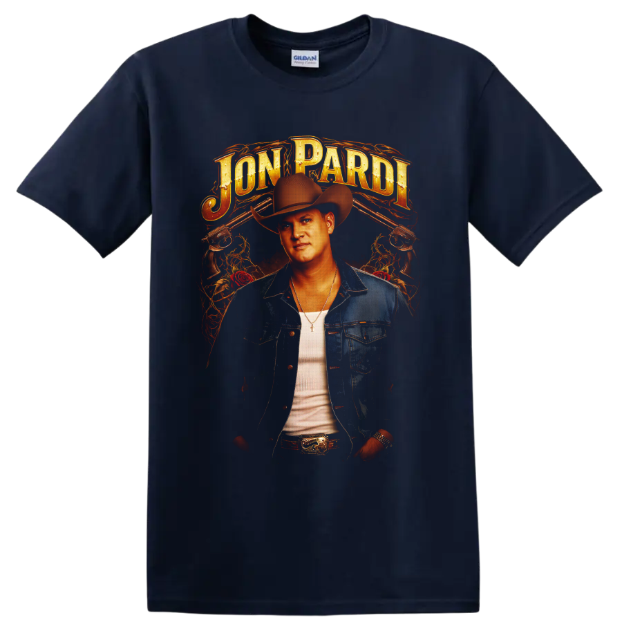 Jon Pardi western portrait with cowboy hat, roses, revolvers, flames, and gold lettering on a Navy (Blue) T Shirt