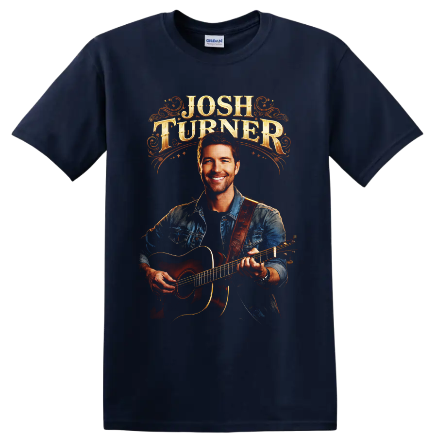 Josh Turner acoustic guitar portrait with ornate western lettering on a Navy (Blue) T Shirt