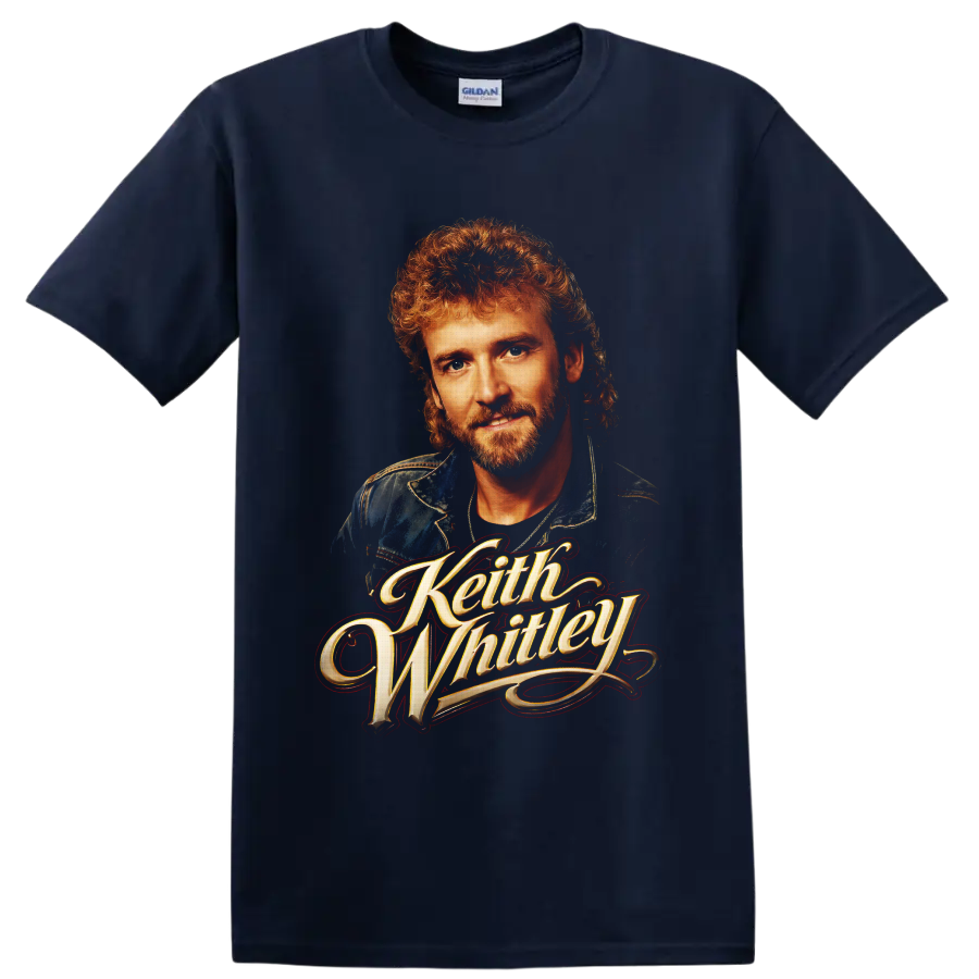Keith Whitley portrait with ornate gold script in vintage country music poster style on a Navy (Blue) T Shirt