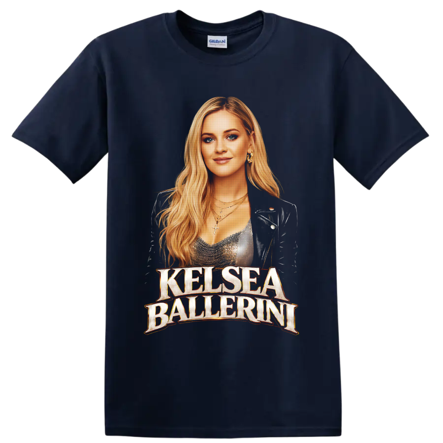 Kelsea Ballerini portrait with warm gold lettering in a concert-inspired graphic style on a Navy (Blue) T Shirt