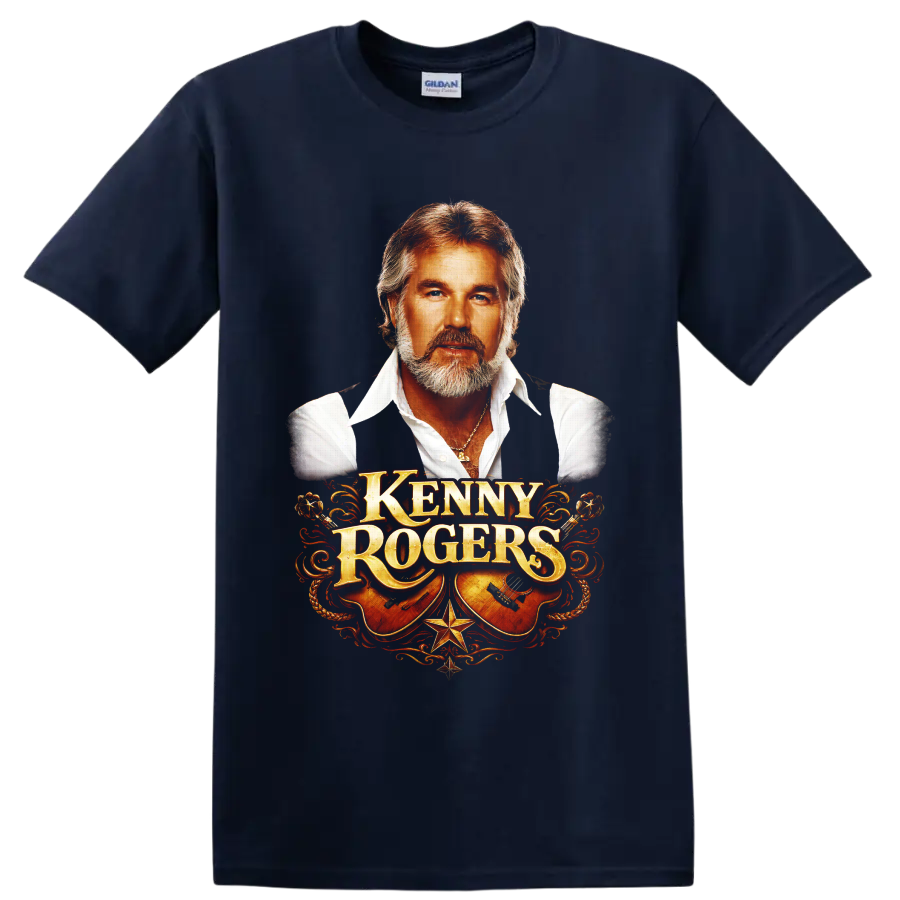Kenny Rogers portrait with ornate western lettering, acoustic guitars, rope, and stars on a Navy (Blue) T Shirt