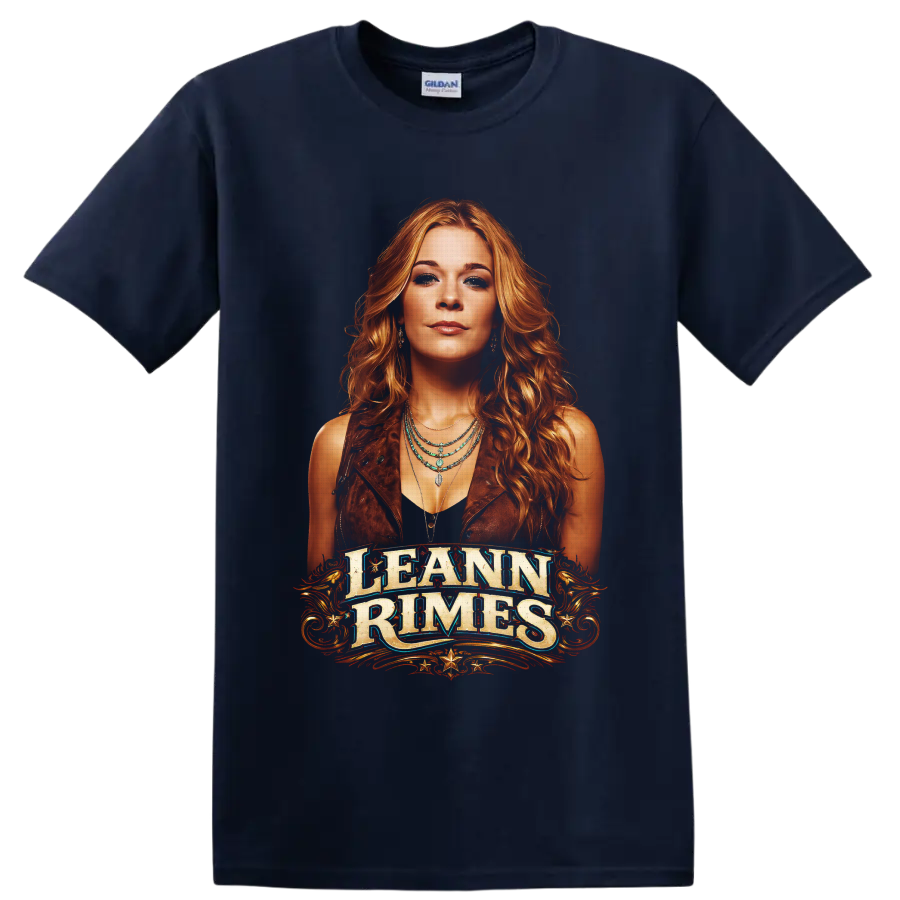 LeAnn Rimes western portrait with ornate lettering, gold flourishes, and turquoise jewelry on a Navy (Blue) T Shirt