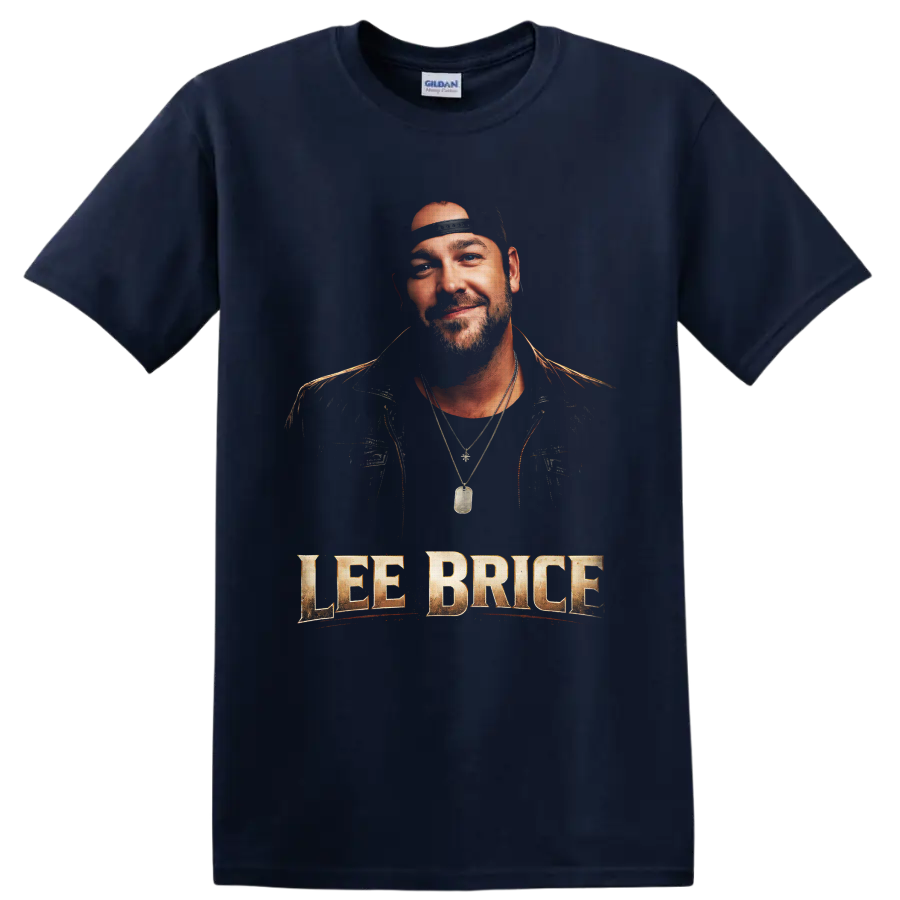 Lee Brice portrait with distressed gold name lettering in country concert poster style on a Navy (Blue) T Shirt