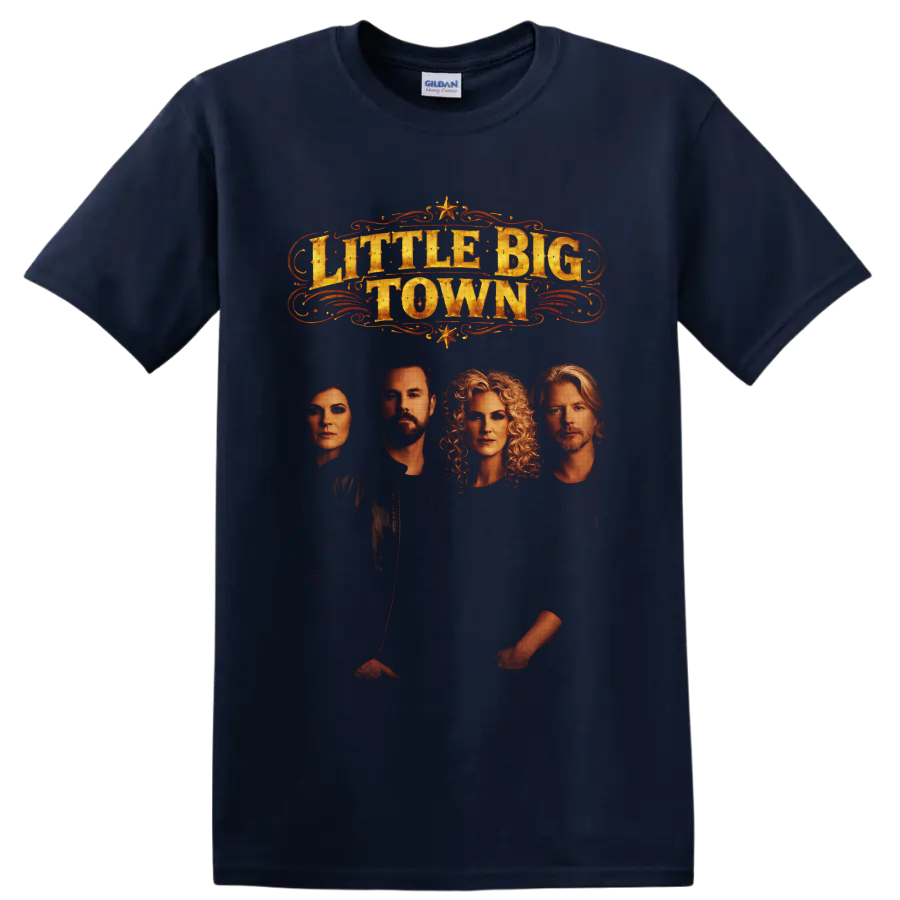 Little Big Town portraits with distressed gold western lettering, scrollwork, and stars on a Navy (Blue) T Shirt