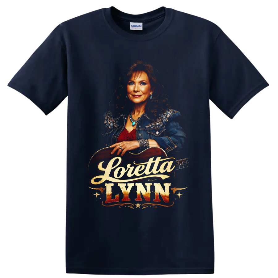 Loretta Lynn portrait with acoustic guitar and vintage Western country lettering on a Navy (Blue) T Shirt