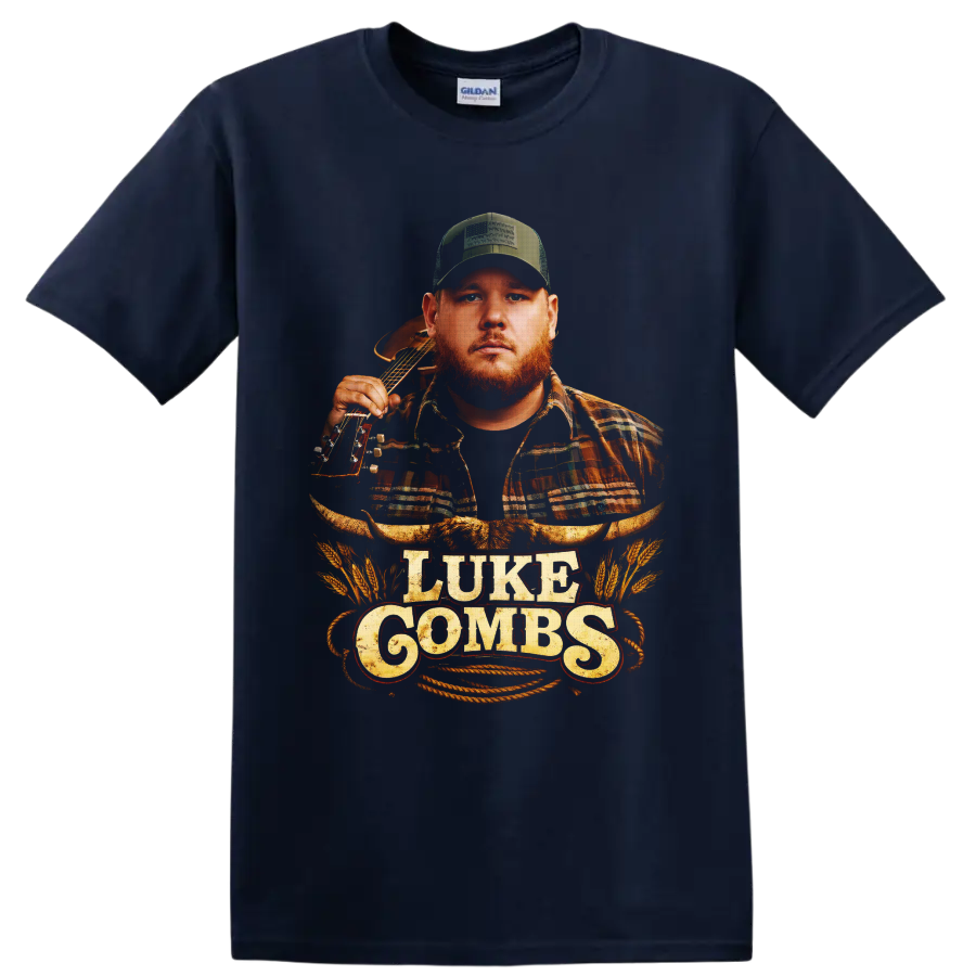 Luke Combs portrait with acoustic guitar, longhorn skull, wheat, rope, and western on a Navy (Blue) T Shirt