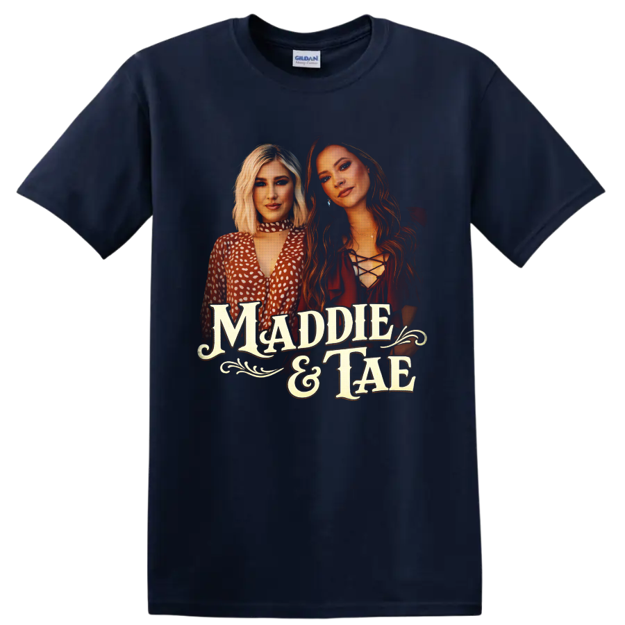 Maddie & Tae country duo portraits with vintage western lettering and flourishes on a Navy (Blue) T Shirt