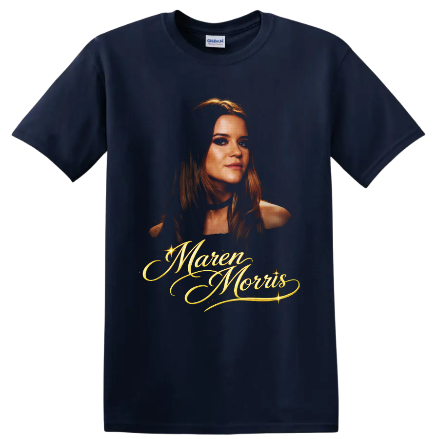 Maren Morris portrait with ornate gold script lettering and sparkling accents on a Navy (Blue) T Shirt
