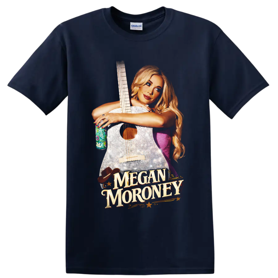 Megan Moroney with sparkling guitar, western hat, stars, and gold name lettering on a Navy (Blue) T Shirt
