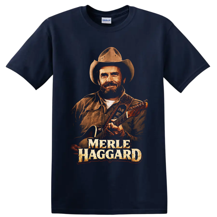 Merle Haggard cowboy hat and guitar portrait with distressed name lettering on a Navy (Blue) T Shirt