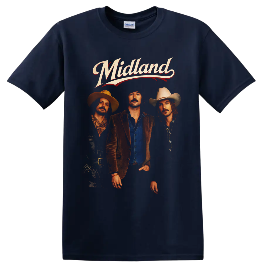Midland band portrait with cowboy hats and retro western script lettering on a Navy (Blue) T Shirt