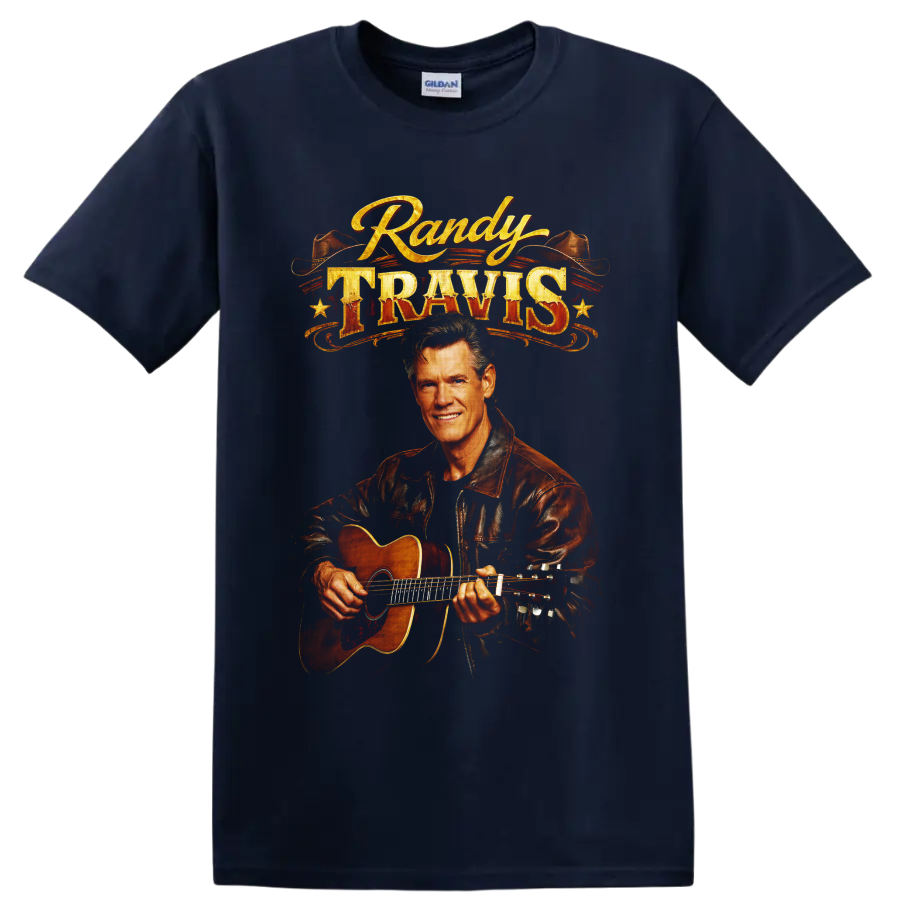 Randy Travis guitar portrait with cowboy hats and distressed western lettering on a Navy (Blue) T Shirt
