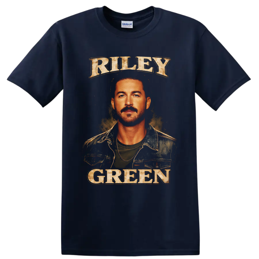 Riley Green portrait with distressed RILEY GREEN lettering in vintage country poster style on a Navy (Blue) T Shirt
