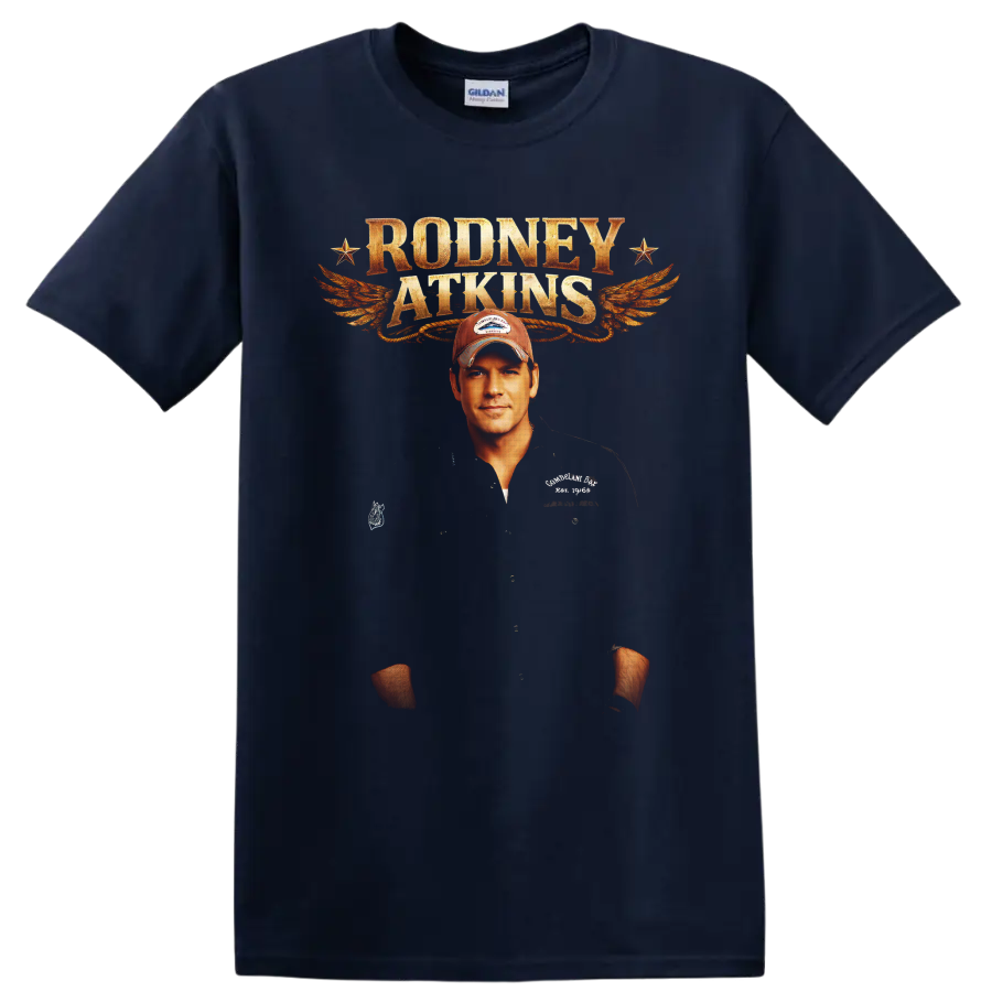 Rodney Atkins portrait with distressed lettering, orange wings, and vintage stars on a Navy (Blue) T Shirt