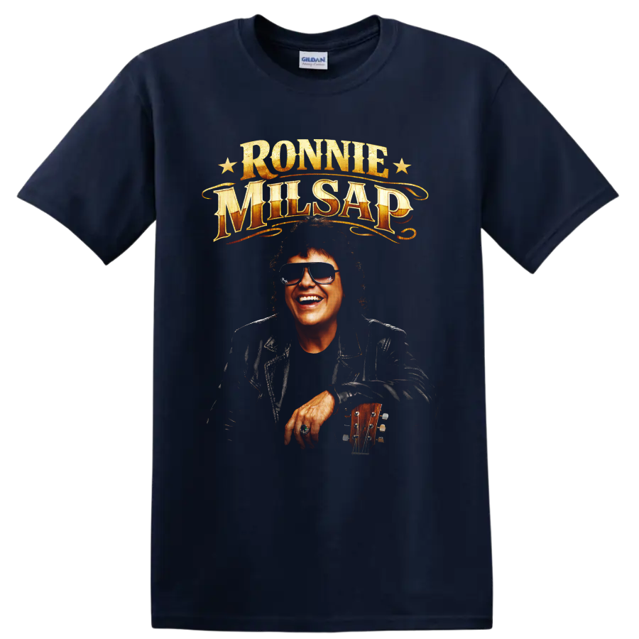 Ronnie Milsap portrait with guitar, gold vintage lettering, and stars on a Navy (Blue) T Shirt