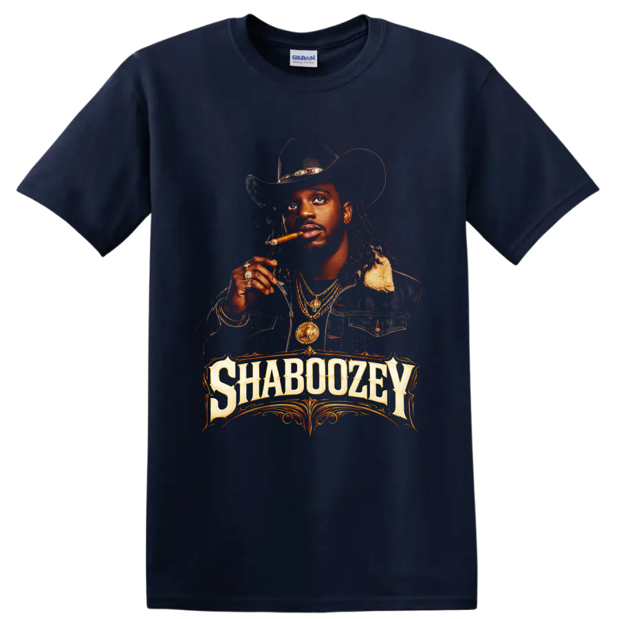 Shaboozey cowboy hat portrait with cigar, gold chains, and ornate western lettering on a Navy (Blue) T Shirt