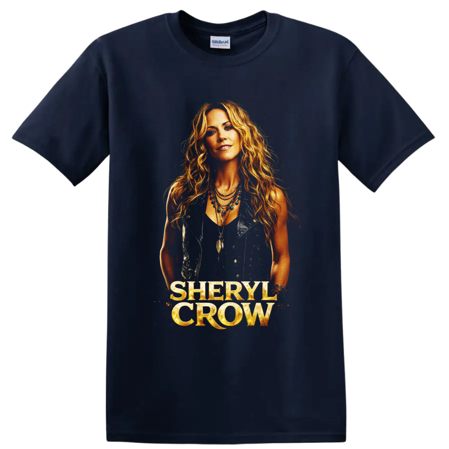 Sheryl Crow portrait with western jewelry, feather pendants, and gold name lettering on a Navy (Blue) T Shirt
