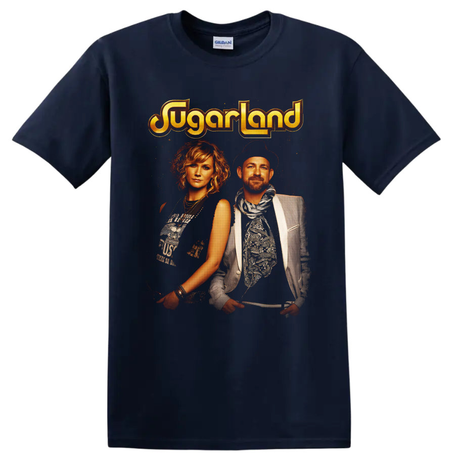Sugarland duo portraits with distressed golden logo in vintage country concert style on a Navy (Blue) T Shirt