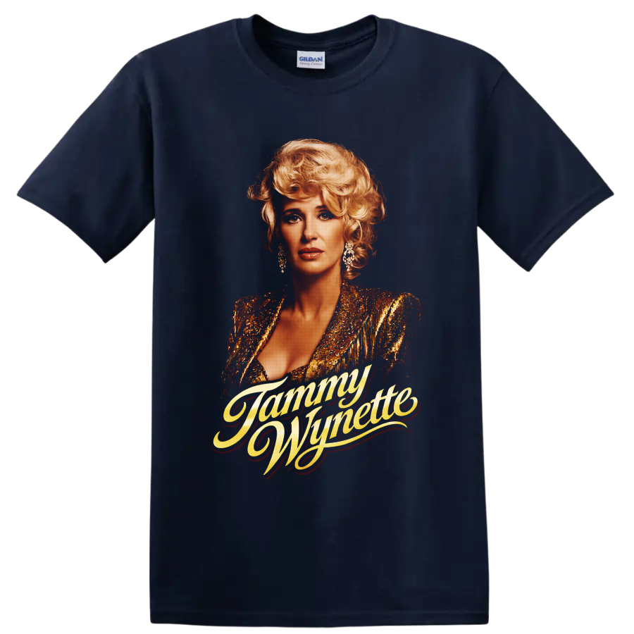 Tammy Wynette portrait in gold stage glamour with flowing name script on a Navy (Blue) T Shirt