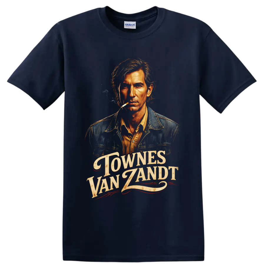 Townes Van Zandt portrait with distressed western lettering and smoky vintage folk art on a Navy (Blue) T Shirt