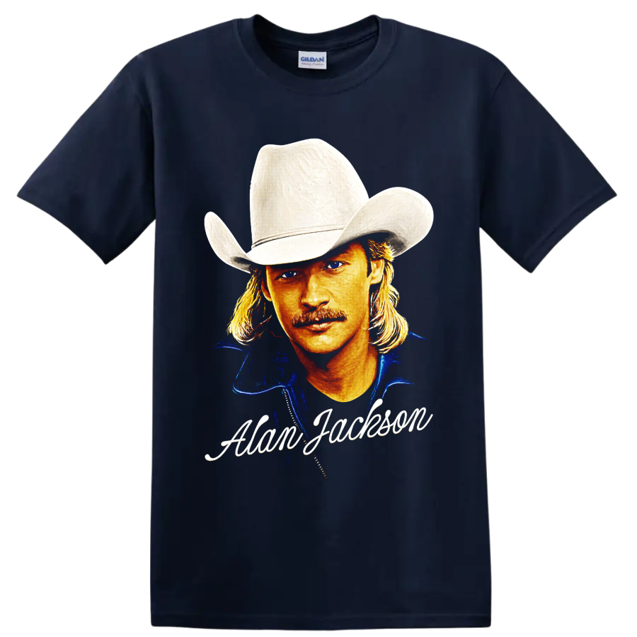 Alan Jackson painted cowboy hat portrait with signature-style lettering on a Navy (Blue) T Shirt