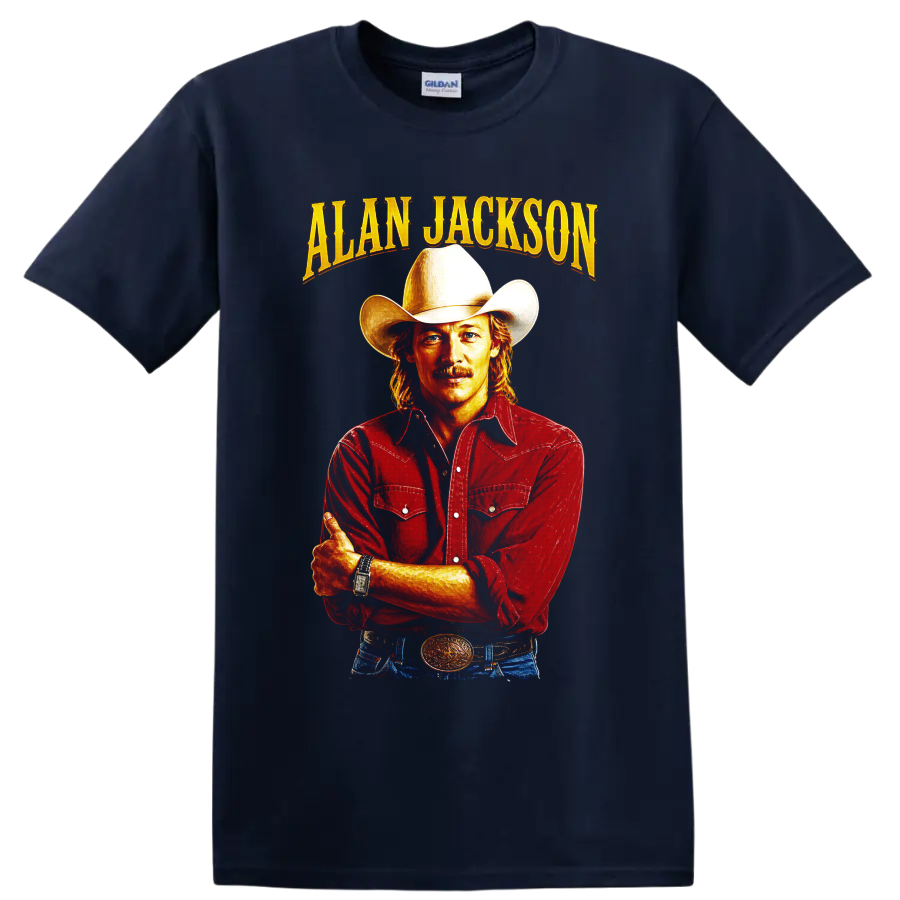 Alan Jackson cowboy hat portrait with gold lettering and red Western shirt on a Navy (Blue) T Shirt
