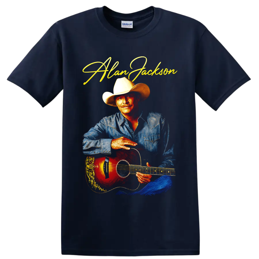 Alan Jackson painterly country portrait with cowboy hat, denim shirt, guitar and gold on a Navy (Blue) T Shirt