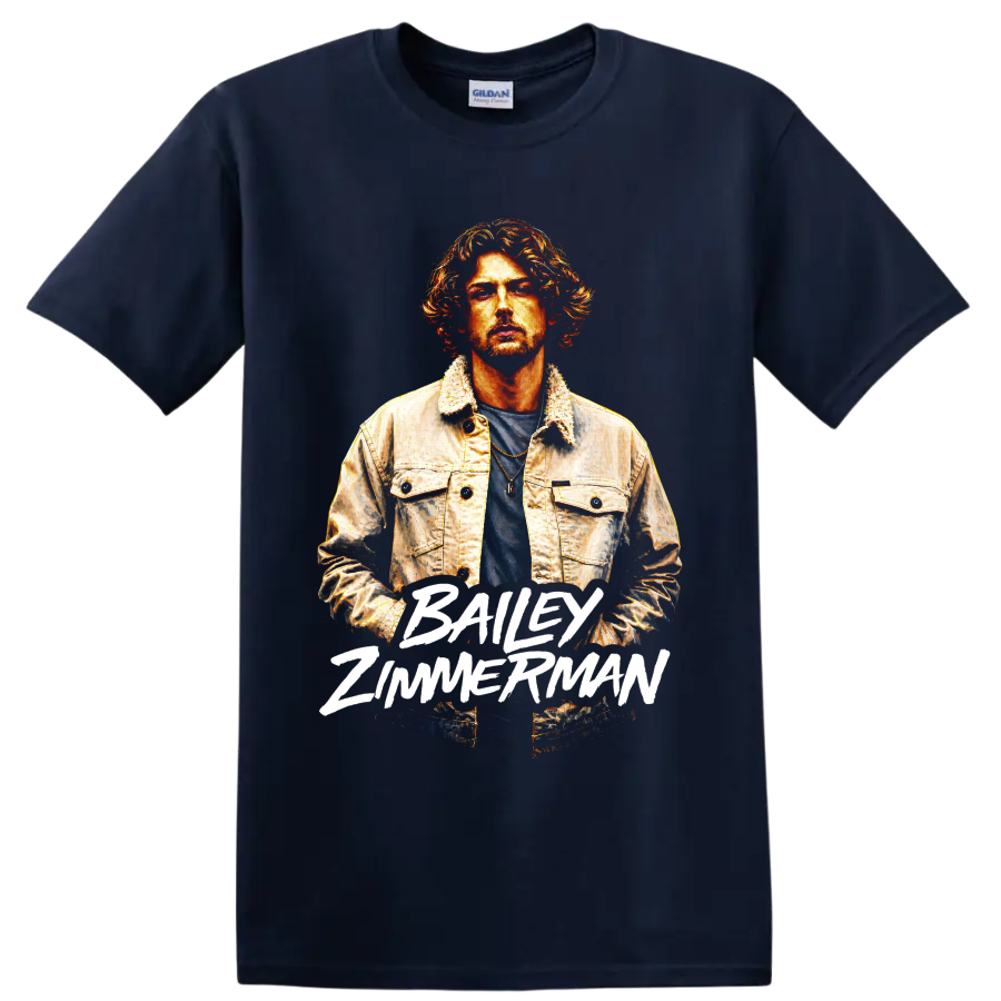 Bailey Zimmerman painted country singer portrait with bold white name lettering on a Navy (Blue) T Shirt